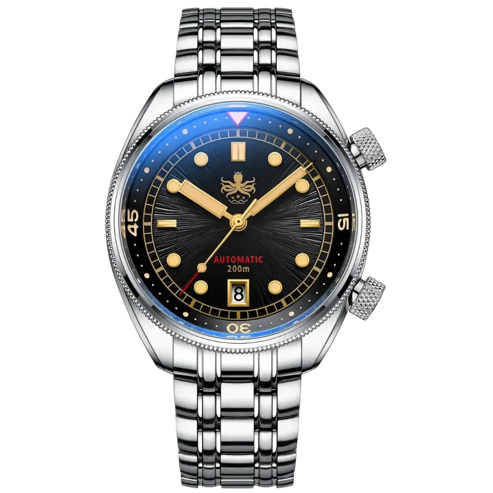 Phoibos Eagle Ray 200M Automatic Compressor Dive Watch Dial Sunray Black & Gold PY039D