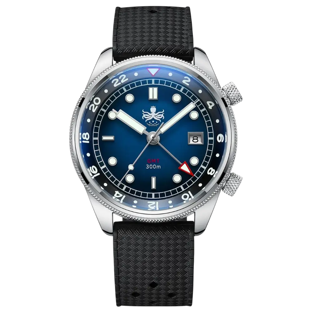 Phoibos Eagle Ray GMT 300M Dive Watch Dial Blue Swiss Quartz PX023B