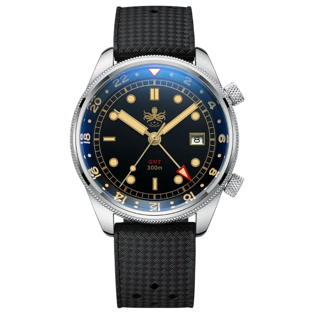 PHOIBOS EAGLE RAY GMT 300M Dive Watch Dial Black & Gold Swiss Quartz PX023D