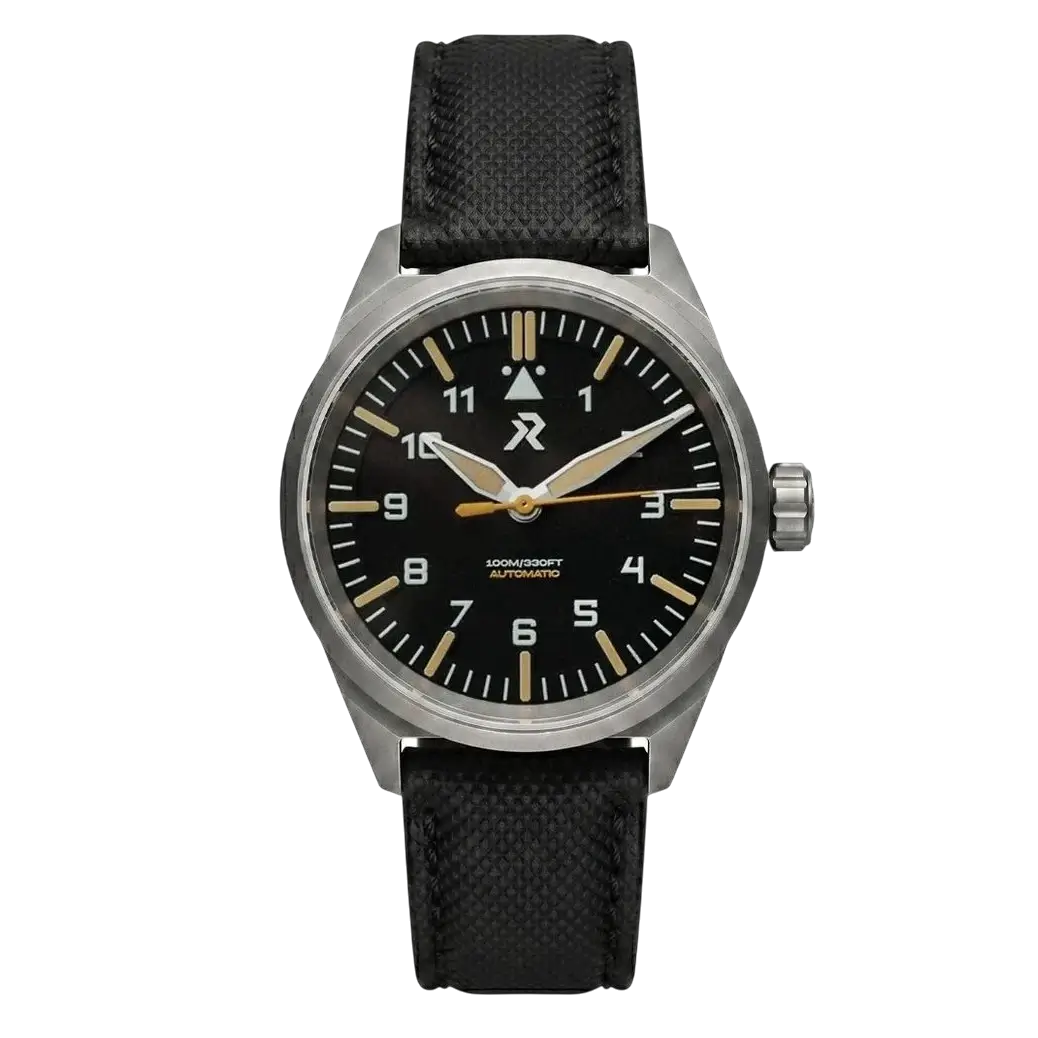 RZE Resolute A Watch Titanium case Dial Carbon Black TecTuff® Leather Strap UltraHex titanium