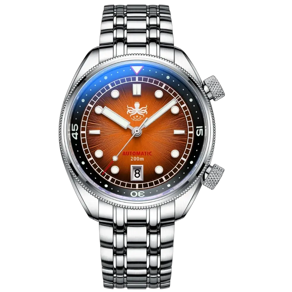 Phoibos Eagle Ray 200M Automatic Compressor Dive Watch Dial Sunray Orange PY039F